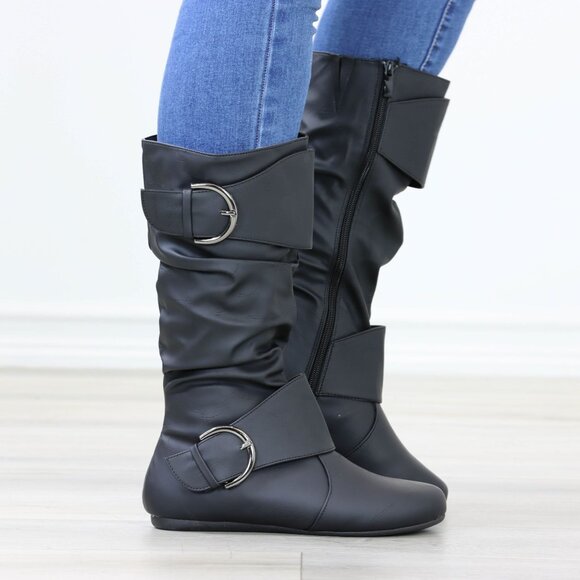Black Mid-Calf Boots Slouch Shaft Faux Leather Side Zip Flat Sole - Picture 1 of 14